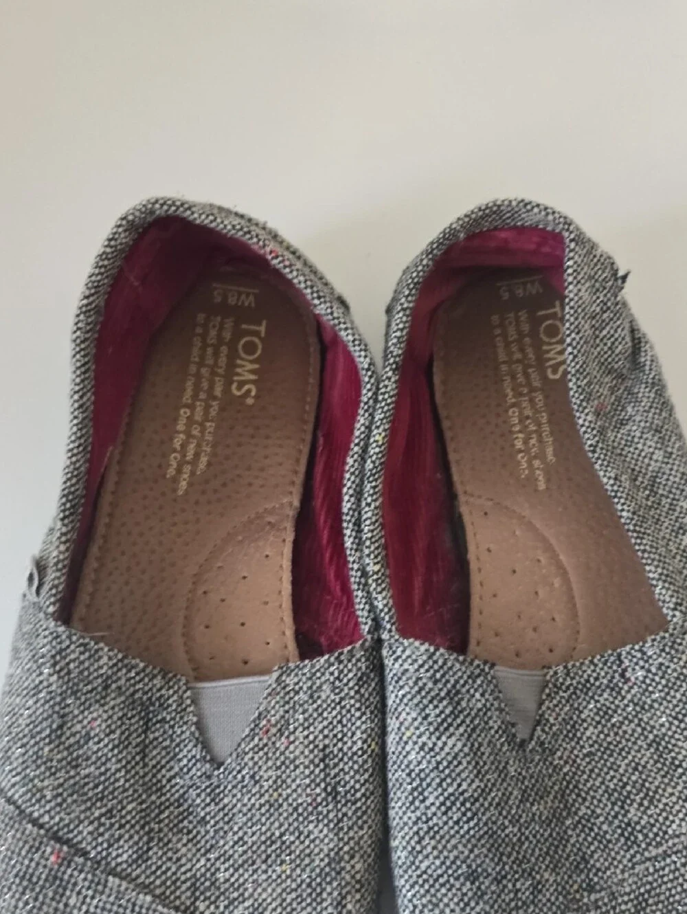 Toms Women's Black & White Metallic Tweed Slip-On Flats with Burgundy Lining